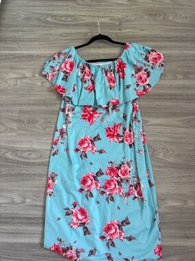 Aqua Off-Shoulder Floral Midi Dress with Pink Roses